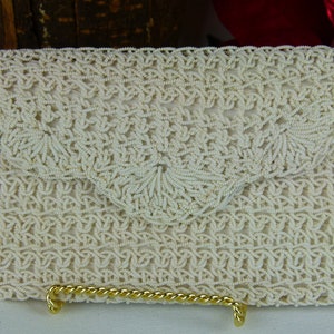 Vintage Beaded Crocheted Clutch Purse | White Seed Bead Crochet Hand Bag  | Crochet Evenig Bag