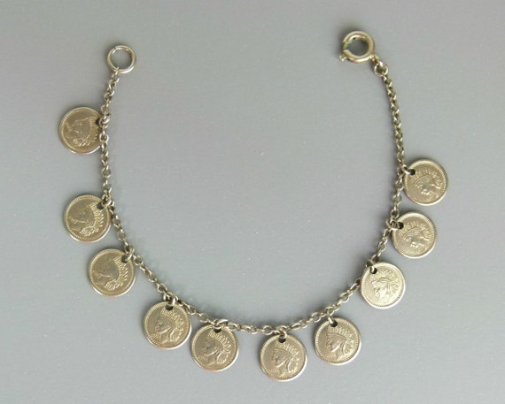 Vintage Childs Charm Bracelet Indian Head Dimes Indian Head Pennys
