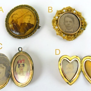Antique Brass Photo Brooches and Lockets | Monogram Locket | Sepia Photo | Heart Shaped