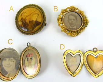 Antique Brass Photo Brooches and Lockets | Monogram Locket | Sepia Photo | Heart Shaped