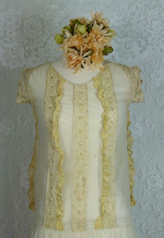 1920's Vintage Tulle and Lace Flapper Dress - Hand
