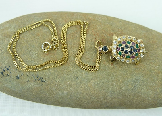 Turtle Brooch Pendant | Gold Plated | Rhinestones… - image 1