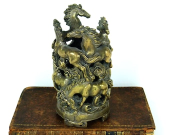 Brass Asian Style Horses | Chinese Fengshui Figurine | Brass Desk Accessory