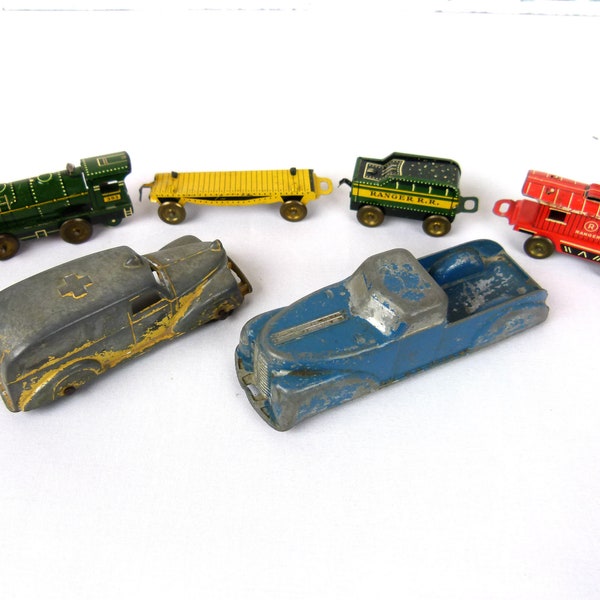 1940s Tin Die Cast Toys | Marx Tin Litho Miniature Ranger Train Set | Tootsietoy International Army Ambulance | Jane Francis Die Cast Truck