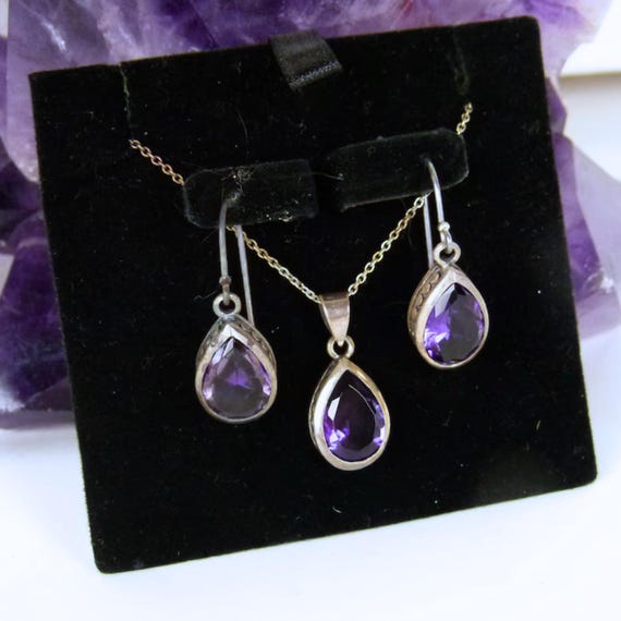 Sterling Silver Amethyst Necklace and Earrings Set | Teardrop Boho Jewelry