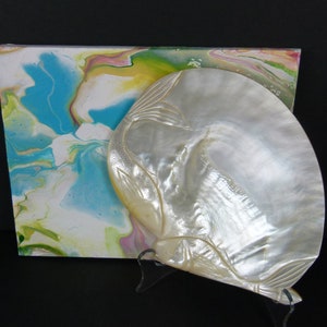 May include: A white mother of pearl shell with a carved design. The shell is on a stand in front of a colorful abstract painting.