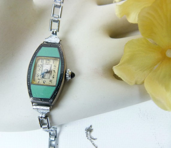 Vintage Art DECO Silver and Green Enamel Ladies W… - image 3