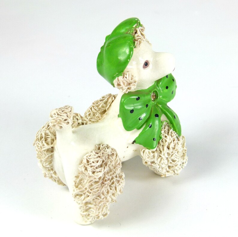 Green Rhinestone Bow Tie and Beret Vintage Lefton China Spaghetti French Poodle