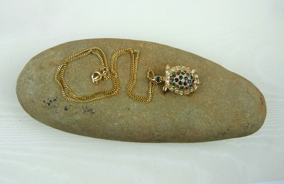 Turtle Brooch Pendant | Gold Plated | Rhinestones… - image 2