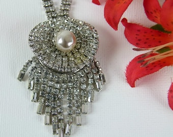 Art Deco Cluster Rhinestone & Faux Pearl Necklace | Rhinestone Necklace with Tassels