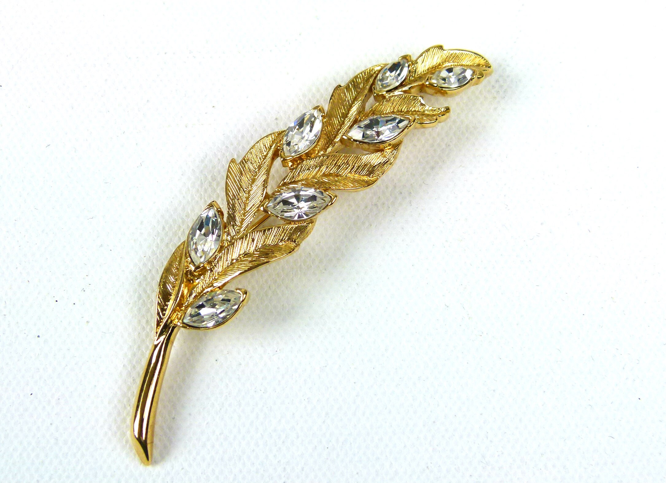 Trifari Gold Plated Leaf Brooch | Clear Marquise Rhinestones | Gold Tone | Signed