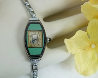 Vintage Art DECO Silver and Green Enamel Ladies Wrist Watch | Circa 1900