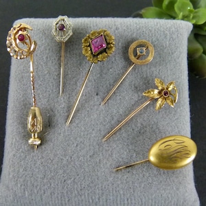 You CHOOSE 1900s Stick Pins | Crescent Moon Star | 10K Art Deco | Brass Victorian Floral | 10K Art Deco Circle | Art Nouveau FIX | 10K Oval