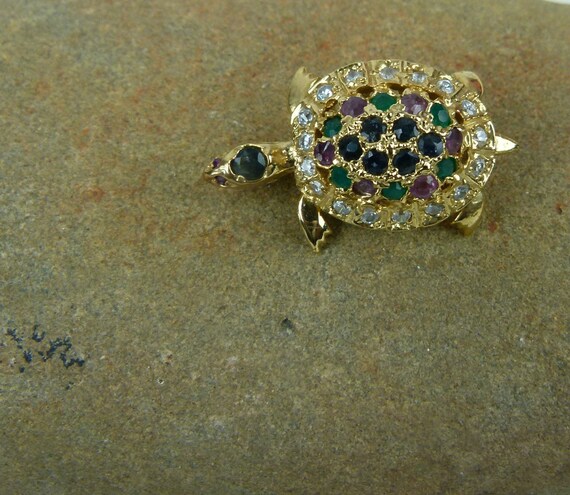 Turtle Brooch Pendant | Gold Plated | Rhinestones… - image 3