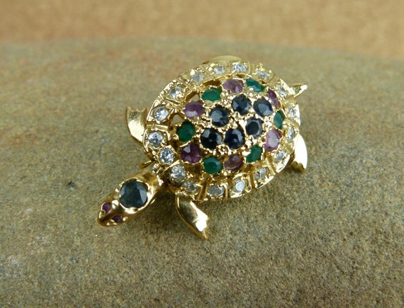 Turtle Brooch Pendant | Gold Plated | Rhinestones… - image 10