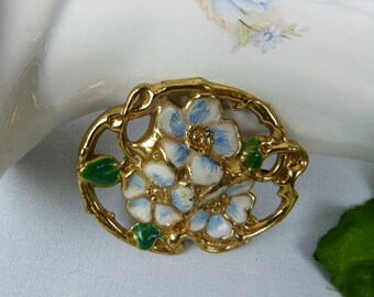 Floral Repousse Brass Brooch | Art Nouveau| Blue & White Enamel Flowers | 1800s