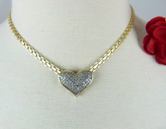 Heart Necklace Gold Tone | Pave Heart Choker Neck… - image 6