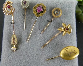 You CHOOSE 1900s Stick Pins | Crescent Moon Star | 10K Art Deco | Brass Victorian Floral | 10K Art Deco Circle | Art Nouveau FIX | 10K Oval
