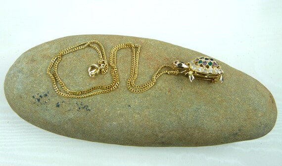 Turtle Brooch Pendant | Gold Plated | Rhinestones… - image 7