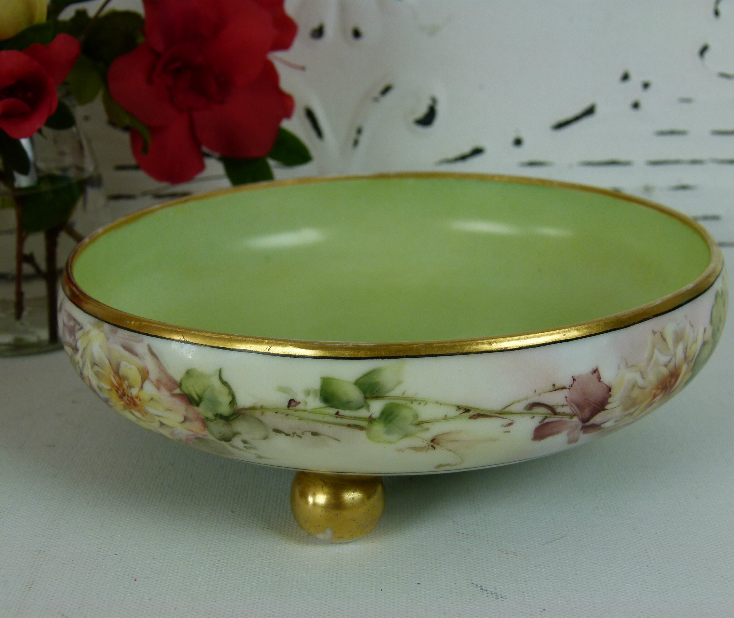 Antique Hand Ball Limoges Gold Roses Etsy - Bowl Footed Cottage Porcelain T&V Trim Signed France Painted