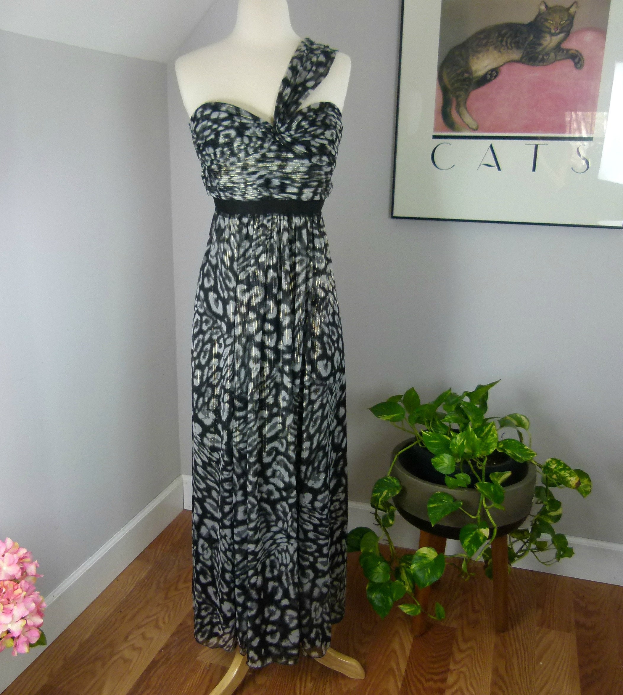 BCBG One Shoulder Maxi Dress Silk Abstract Print Size 02 Black White Gold Metallic Etsy