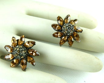 Vintage Sunflower Clip On Earrings | Rhinestone Centers | Marquise Rhinestone Petals