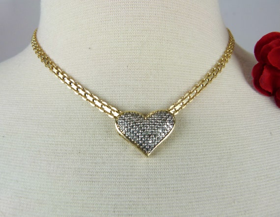 Heart Necklace Gold Tone | Pave Heart Choker Neck… - image 2