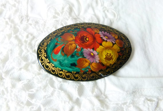 Vintage Russian Flower Brooch | Black Lacquer |Ha… - image 6