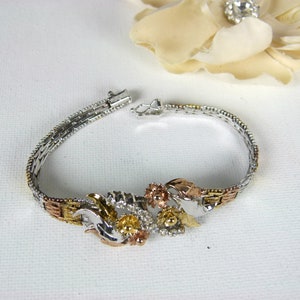 Milor Italy 3 Tone Ricco Link Sterling Silver Bracelet | Floral Design | Rhinestones | Vermeil