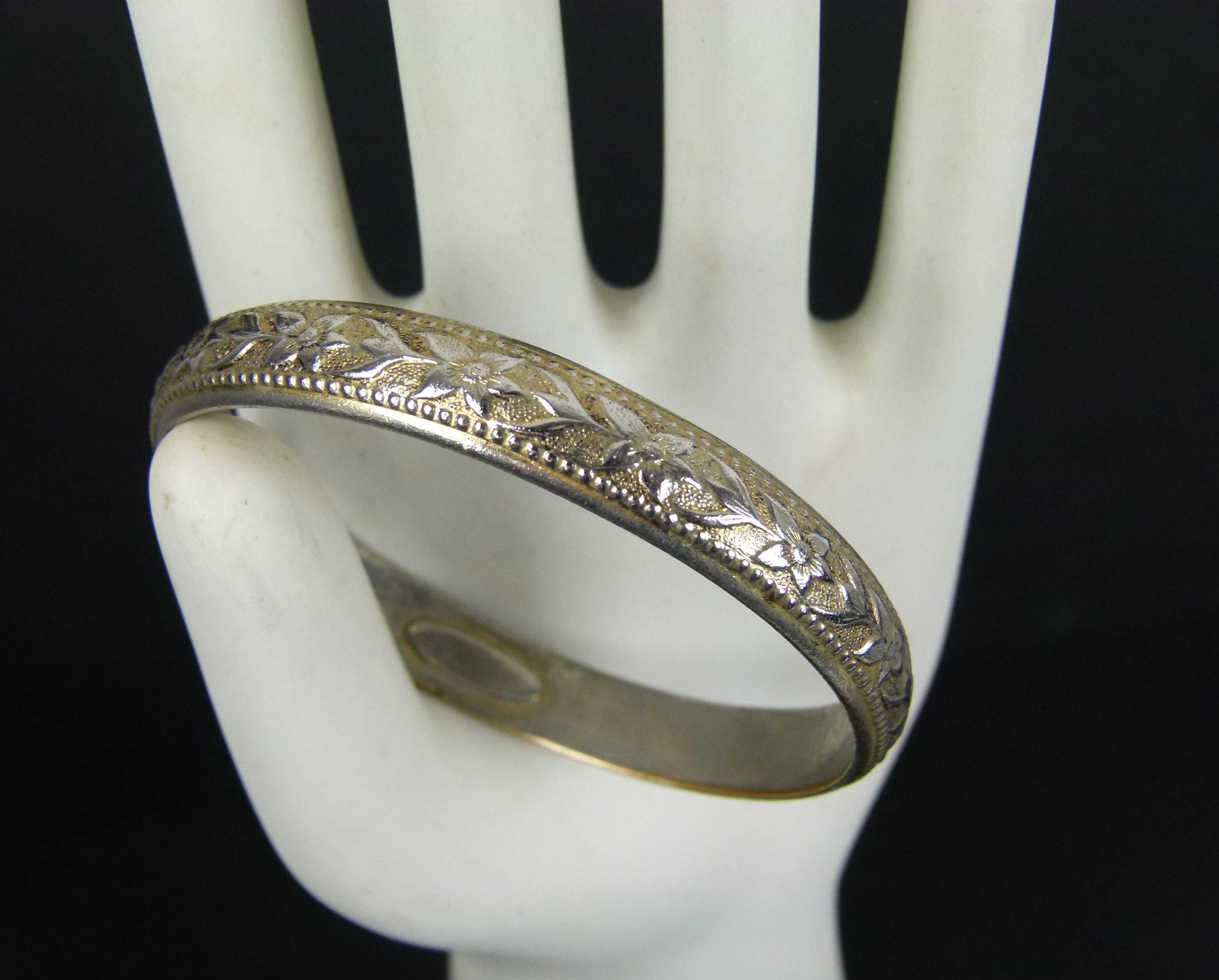 Vintage Whiting & Davis Oval Floral Bangle Bracelet | Gold Silver