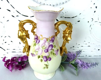 Antique French ELITE Limoges Porcelain Floral Amphora Vase | Gold Gilt Ornate Handles | Red Backstamp| 1880s | Not Perfect