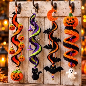 4-in-1 Halloween Crochet Wind Spinner Pattern PDF, Ghost Pumpkin Bat Witch Hanging Decor