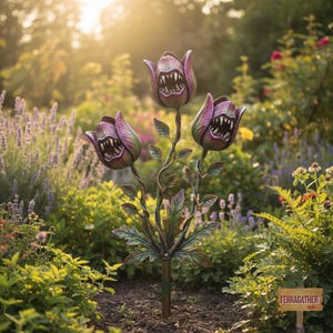 Puede incluir: Un adorno de jardín con tres flores en forma de tulipán de color púrpura y verde, con bocas abiertas que muestran dientes blancos afilados. Los tallos y hojas son de color verde oscuro sobre un poste metálico anclado en la tierra.