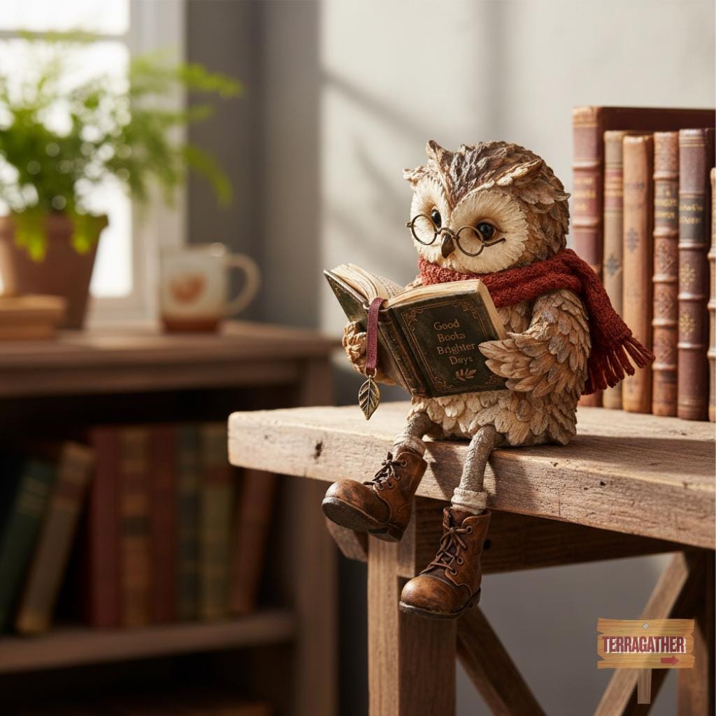 Reading Owl Figurine, Book Lover Gift, Resin Owl Decor with Scarf, Rustic Bookshelf Ornament, Christ