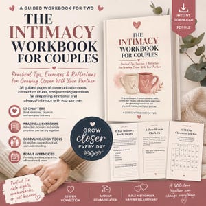 May include: A guided workbook for couples titled The Intimacy Workbook for Couples, featuring 36 pages of communication tools, exercises, and reflections. The cover displays two mugs with heart illustrations, and the set includes a 30-day tracker.