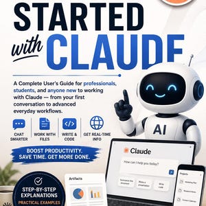 Può includere: Una copertina di libro intitolata A Practical Handbook Getting Started with Claude. Presenta un robot bianco con occhi blu, un portatile con un'interfaccia di chat Claude, uno smartphone con una lista di progetti e testo descrittivo.