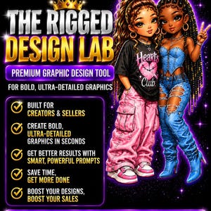 Puede incluir: Un anuncio de herramienta de diseño gráfico titulado THE RIGGED DESIGN LAB, con dos personajes ilustrados con ropa moderna. El texto destaca funciones para creadores y vendedores, incluyendo gráficos detallados y prompts inteligentes.