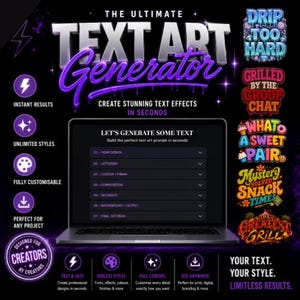 May include: A digital interface for a text art generator displayed on a laptop screen, featuring a black background with purple accents. The screen shows a menu with seven numbered options for design, lettering, color, and composition settings.