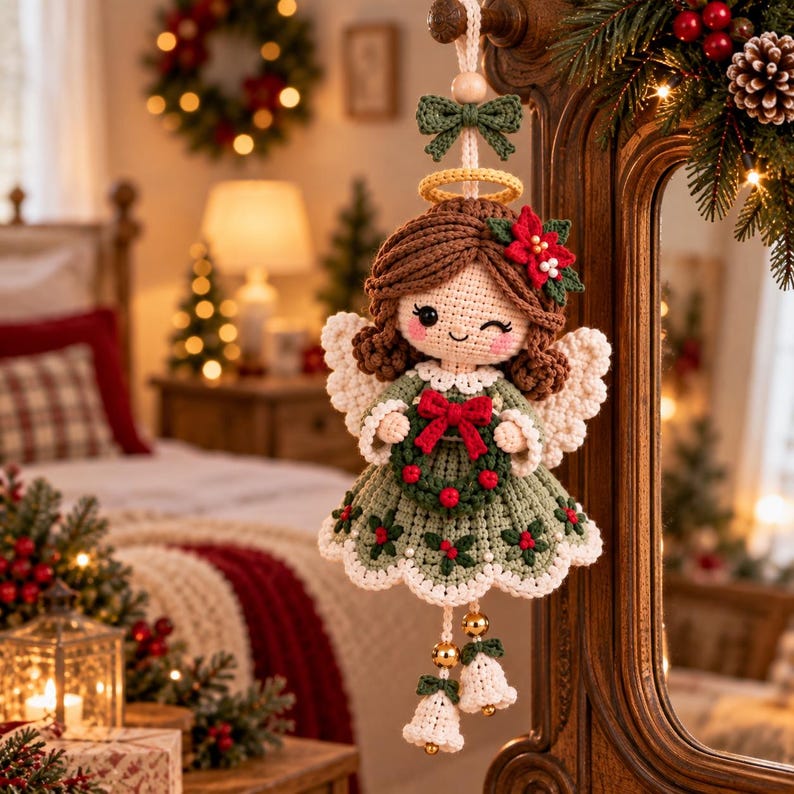 May include: A crocheted angel ornament featuring brown yarn hair, a green dress with red berry accents, white wings, and a yellow halo. The figure holds a small green wreath with a red bow and has two white bell-shaped ornaments hanging below.