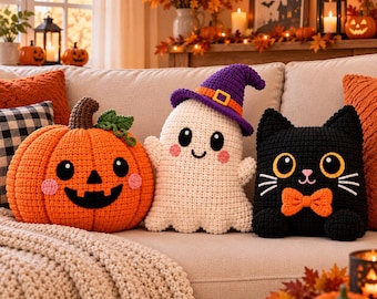 Crochet Halloween Pillow Pattern, Pumpkin Ghost Black Cat Crochet Pattern, Halloween Home Decor, Amigurumi Cushion Pattern