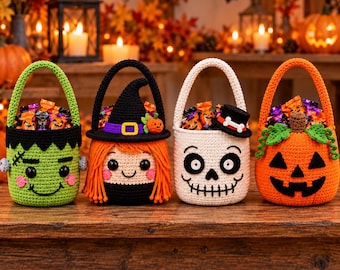 Halloween Crochet Treat Basket Pattern PDF, Frankenstein Witch Skeleton Pumpkin Candy Basket, Halloween Character Crochet Pattern