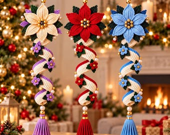 Christmas Poinsettia Spiral Hanging Crochet Pattern, Floral Christmas Ornament Trio, Tassel Holiday Decor Pattern PDF