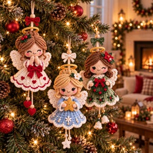 May include: Three crocheted angel ornaments hanging on a Christmas tree. The left angel wears a white dress with red hearts, the center angel wears a blue dress holding a yellow star, and the right angel wears a green dress with red berries.