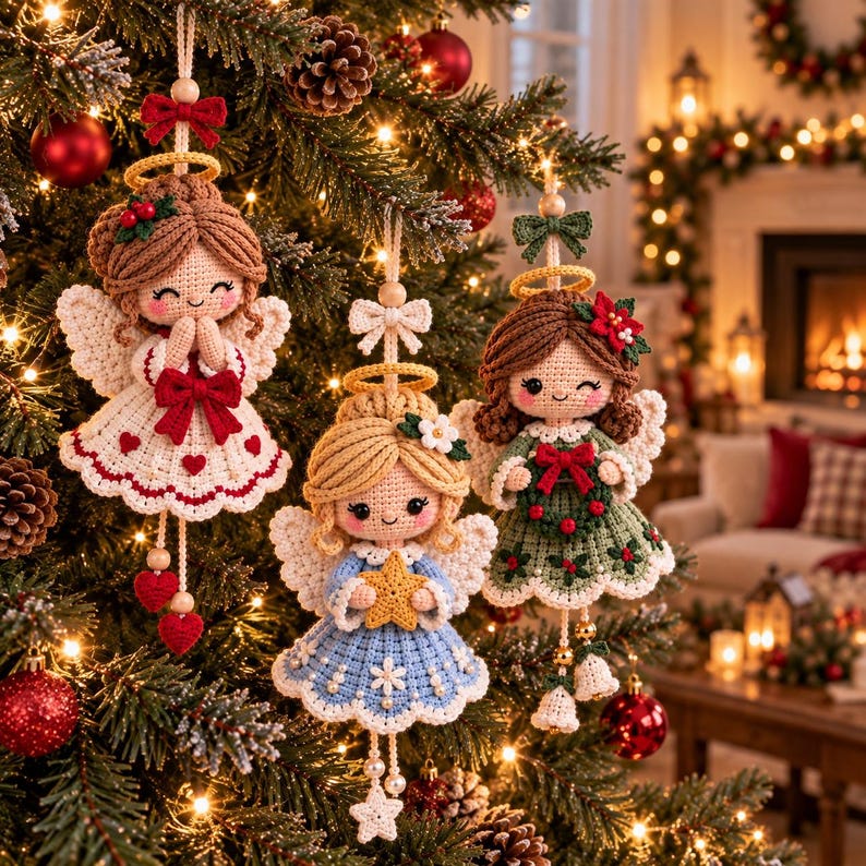 May include: Three crocheted angel ornaments hanging on a Christmas tree. The left angel wears a white dress with red hearts, the center angel wears a blue dress holding a yellow star, and the right angel wears a green dress with red berries.