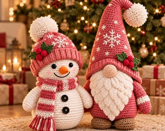 Haakpatroon voor een kerstsneeuwpop en -kabouter (PDF), amigurumi kerstduo, gehaakte feestdecoraties, doe-het-zelf winterdecoratie voor thuis.