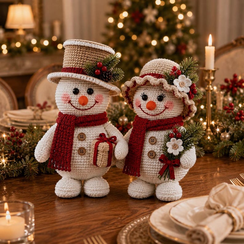 May include: Two crocheted snowman figures with white bodies, red scarves, and brown buttons. One wears a tan top hat with holly, the other a tan bonnet with flowers and holly. They hold a small gift and a floral sprig, respectively.