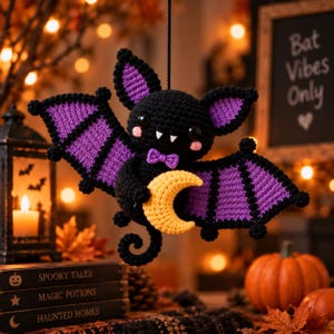 May include: A crocheted black bat plush toy with purple wing accents, a small purple bow tie, and two white fangs. The bat holds a yellow crescent moon and has large black eyes with pink blush marks on its cheeks, suspended by a black string.