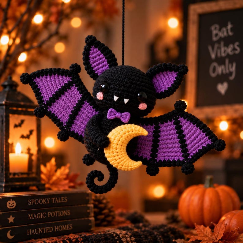 May include: A crocheted black bat plush toy with purple wing accents, a small purple bow tie, and two white fangs. The bat holds a yellow crescent moon and has large black eyes with pink blush marks on its cheeks, suspended by a black string.