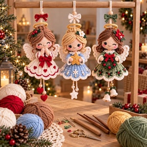 May include: Three crocheted angel ornaments hanging from a wooden frame. The left angel wears a white dress with red hearts, the center angel a blue dress with a yellow star, and the right angel a green dress with a wreath and bells.
