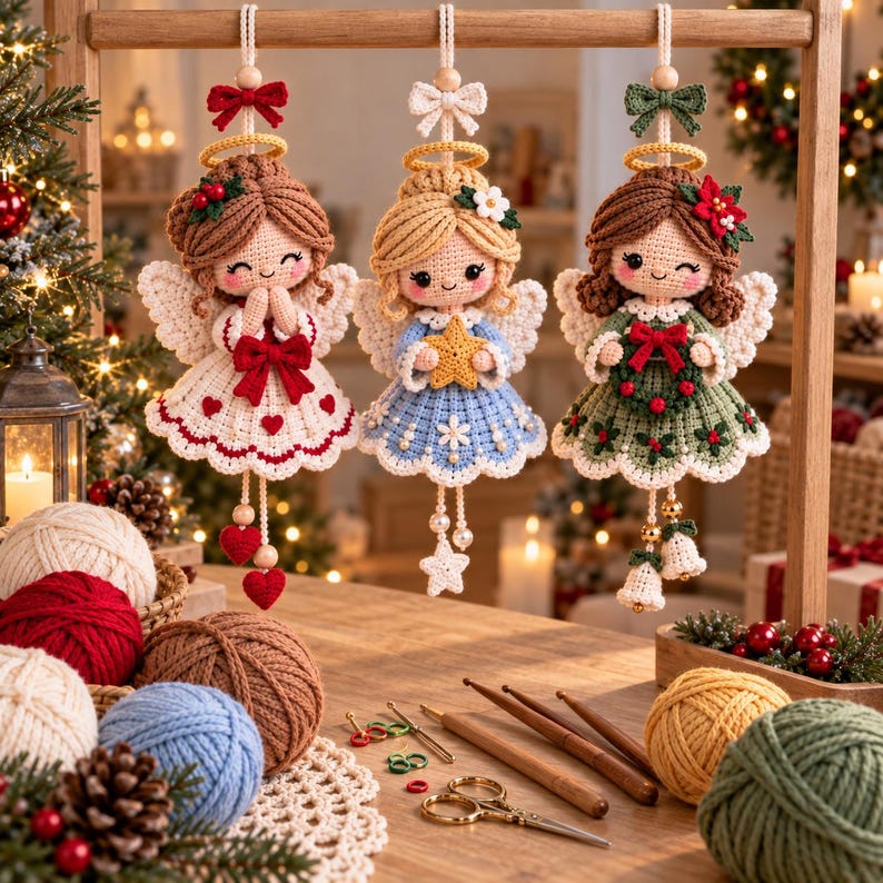 May include: Three crocheted angel ornaments hanging from a wooden frame. The left angel wears a white dress with red hearts, the center angel a blue dress with a yellow star, and the right angel a green dress with a wreath and bells.